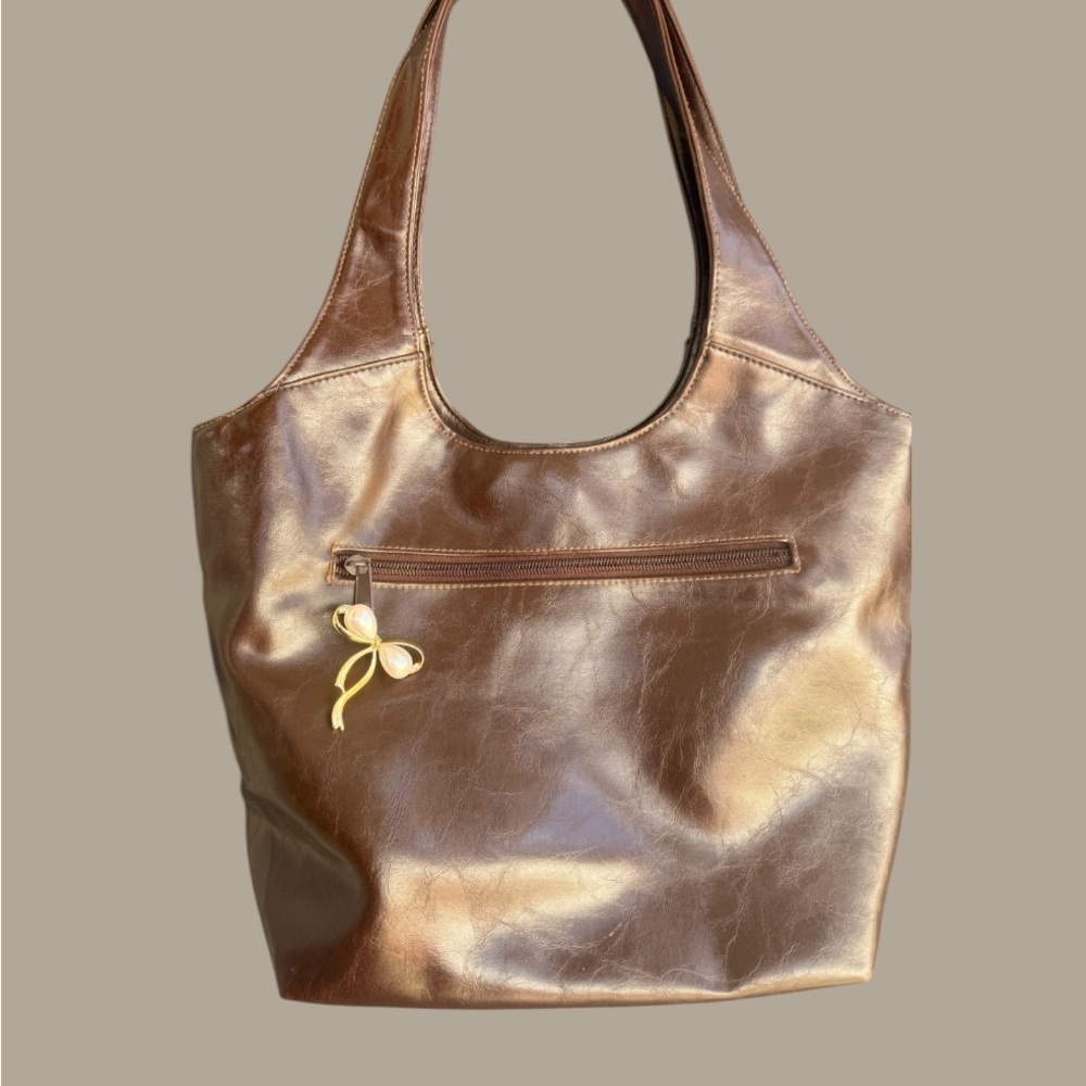 Y2K Brown Leather Tote Bag - Picture 2 of 2